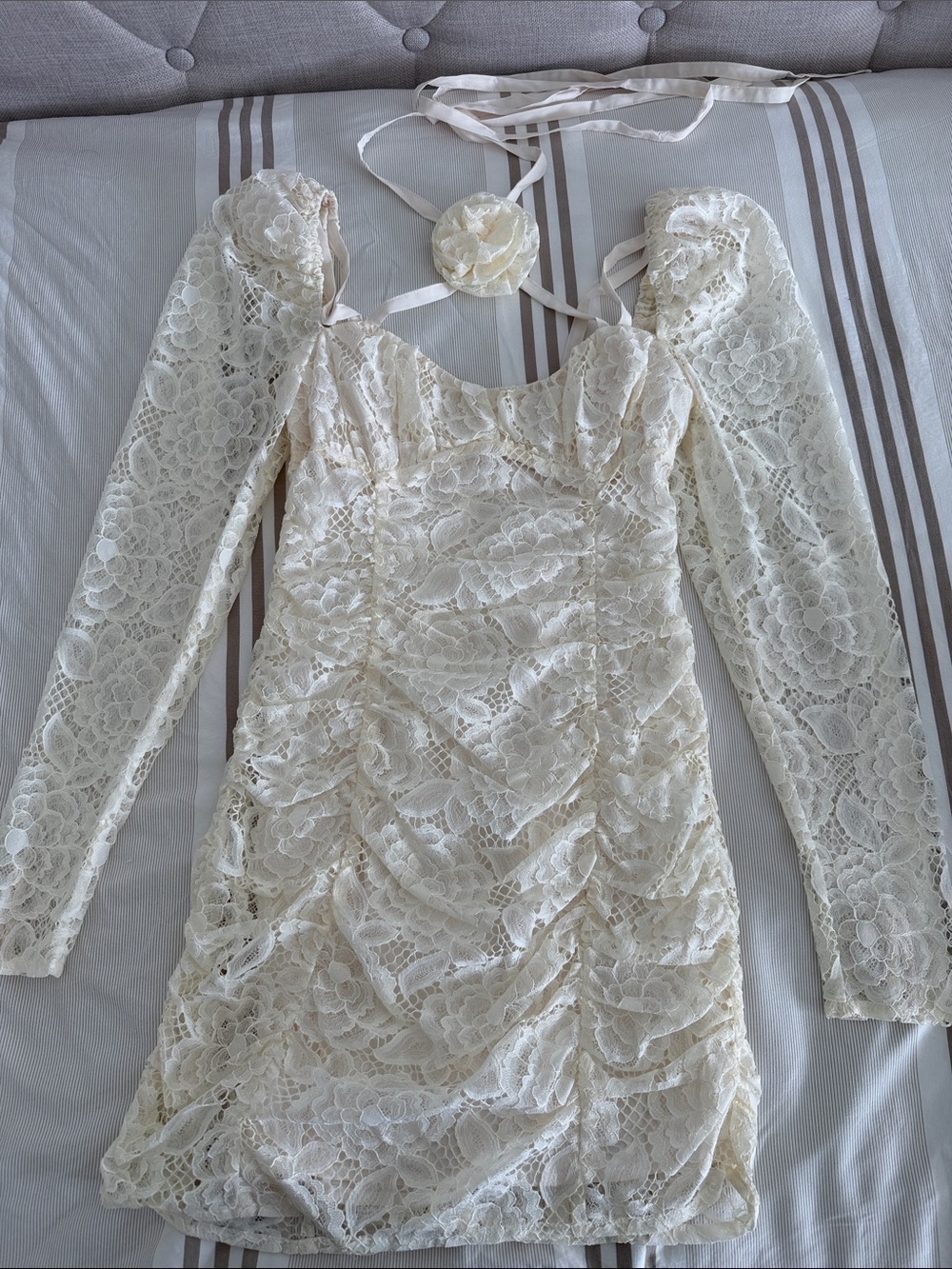 For Love & Lemons Ivory Lace Long-Sleeve Mini Wedding Dress